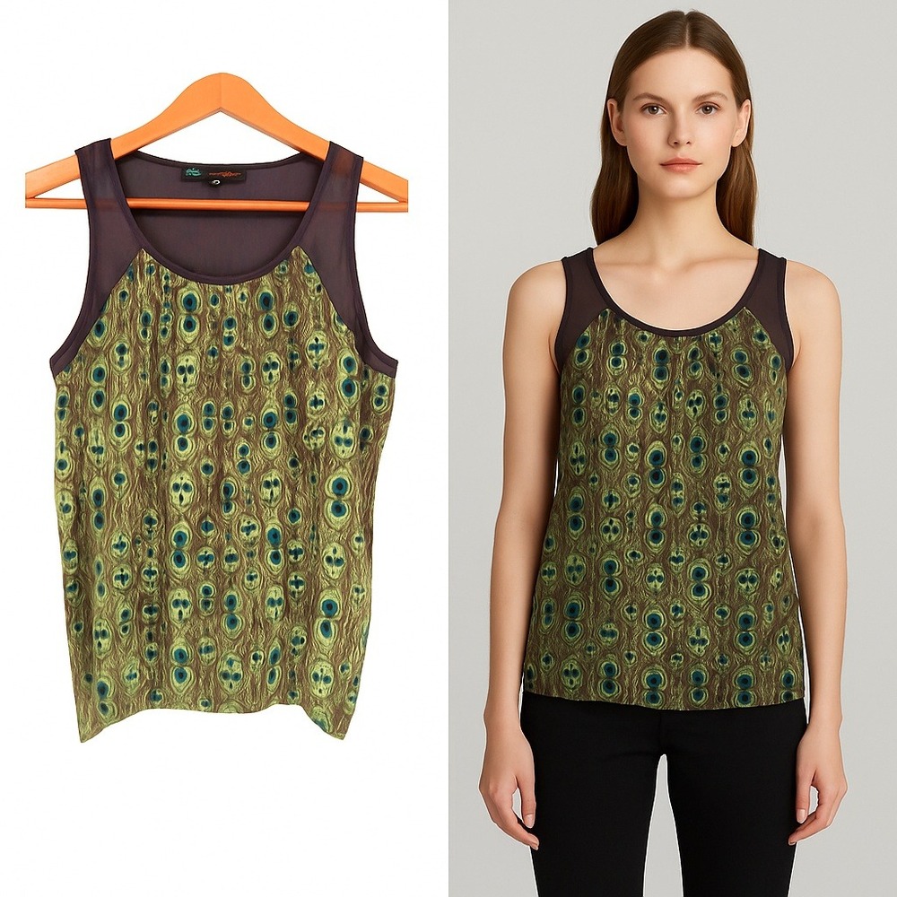vfish 100% Silk Peacock Feather Print Tank‎ Top Blouse Green Blue XS